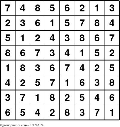 The grouppuzzles.com Answer grid for the Sudoku-8 puzzle for Thursday September 12, 2024