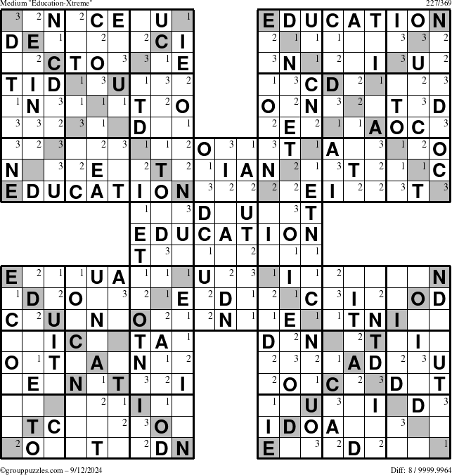 The grouppuzzles.com Medium Education-Xtreme puzzle for Thursday September 12, 2024 with the first 3 steps marked