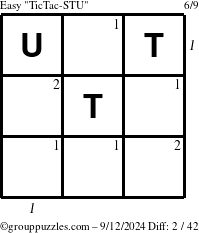 The grouppuzzles.com Easy TicTac-STU puzzle for Thursday September 12, 2024 with all 2 steps marked