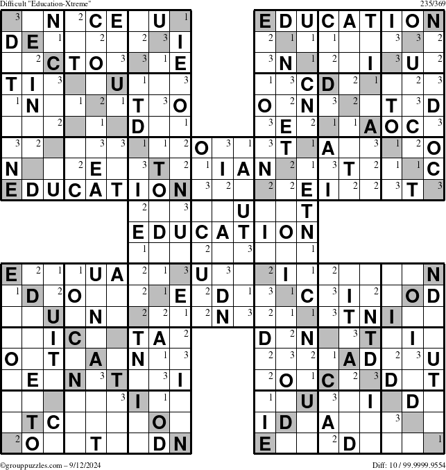 The grouppuzzles.com Difficult Education-Xtreme puzzle for Thursday September 12, 2024 with the first 3 steps marked