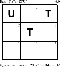 The grouppuzzles.com Easy TicTac-STU puzzle for Thursday September 12, 2024 with the first 2 steps marked