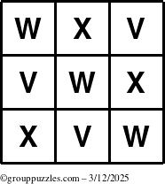 The grouppuzzles.com Answer grid for the TicTac-VWX puzzle for Wednesday March 12, 2025