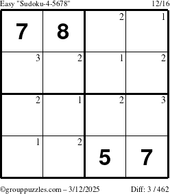 The grouppuzzles.com Easy Sudoku-4-5678 puzzle for Wednesday March 12, 2025 with the first 3 steps marked