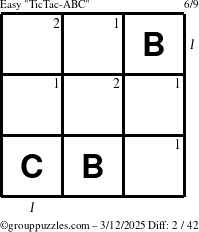 The grouppuzzles.com Easy TicTac-ABC puzzle for Wednesday March 12, 2025, suitable for printing, with all 2 steps marked