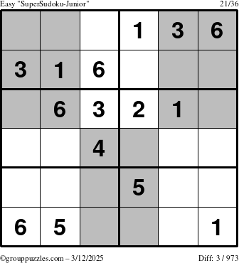 The grouppuzzles.com Easy SuperSudoku-Junior puzzle for Wednesday March 12, 2025