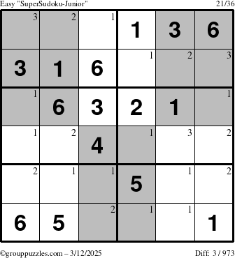 The grouppuzzles.com Easy SuperSudoku-Junior puzzle for Wednesday March 12, 2025 with the first 3 steps marked