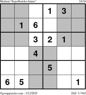 The grouppuzzles.com Medium SuperSudoku-Junior puzzle for Wednesday March 12, 2025