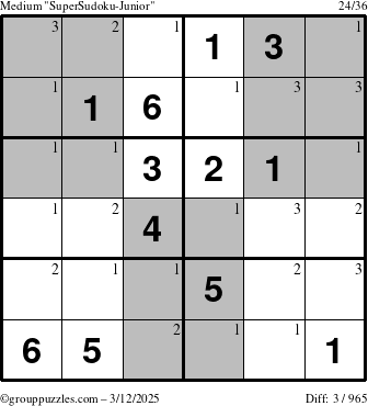 The grouppuzzles.com Medium SuperSudoku-Junior puzzle for Wednesday March 12, 2025 with the first 3 steps marked