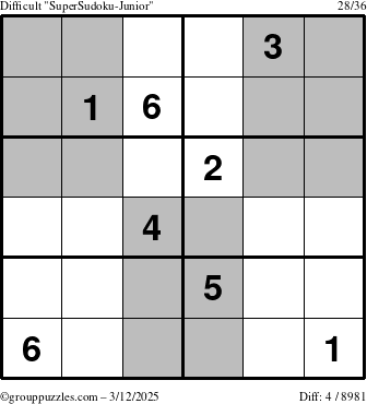 The grouppuzzles.com Difficult SuperSudoku-Junior puzzle for Wednesday March 12, 2025