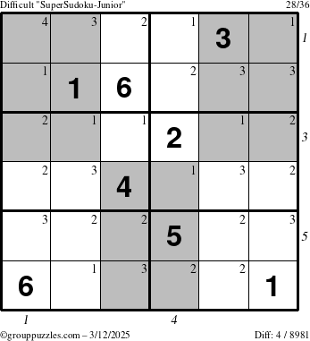 The grouppuzzles.com Difficult SuperSudoku-Junior puzzle for Wednesday March 12, 2025 with all 4 steps marked