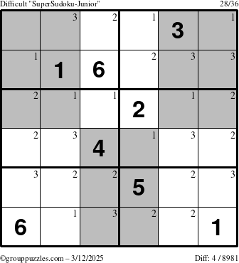 The grouppuzzles.com Difficult SuperSudoku-Junior puzzle for Wednesday March 12, 2025 with the first 3 steps marked