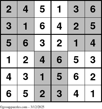 The grouppuzzles.com Answer grid for the SuperSudoku-Junior puzzle for Wednesday March 12, 2025