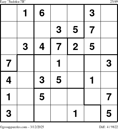 The grouppuzzles.com Easy Sudoku-7B puzzle for Wednesday March 12, 2025