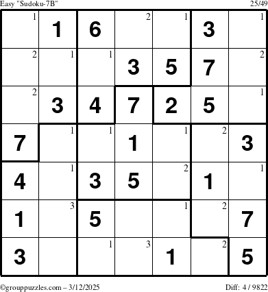 The grouppuzzles.com Easy Sudoku-7B puzzle for Wednesday March 12, 2025 with the first 3 steps marked