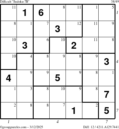 The grouppuzzles.com Difficult Sudoku-7B puzzle for Wednesday March 12, 2025 with all 12 steps marked