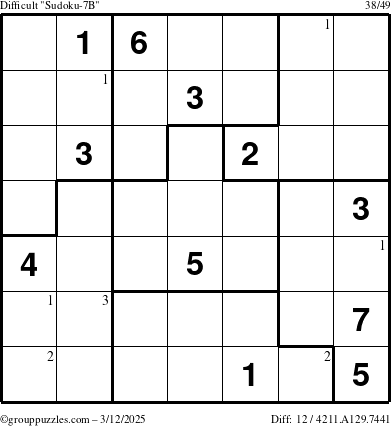 The grouppuzzles.com Difficult Sudoku-7B puzzle for Wednesday March 12, 2025 with the first 3 steps marked