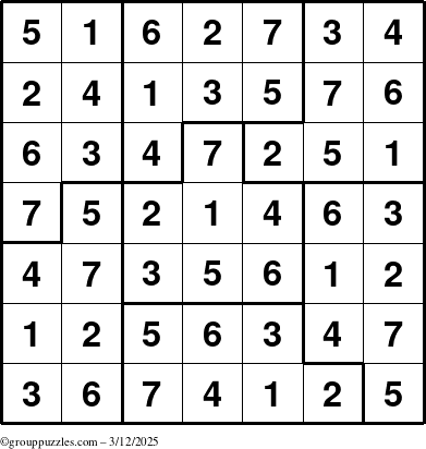 The grouppuzzles.com Answer grid for the Sudoku-7B puzzle for Wednesday March 12, 2025