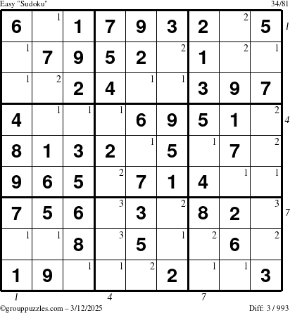 The grouppuzzles.com Easy Sudoku puzzle for Wednesday March 12, 2025 with all 3 steps marked