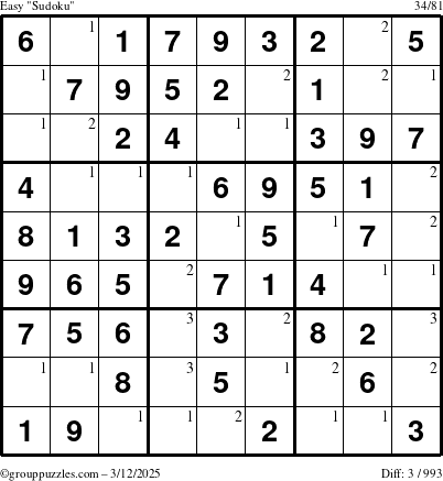 The grouppuzzles.com Easy Sudoku puzzle for Wednesday March 12, 2025 with the first 3 steps marked