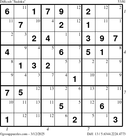 The grouppuzzles.com Difficult Sudoku puzzle for Wednesday March 12, 2025 with all 13 steps marked