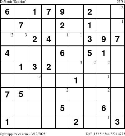 The grouppuzzles.com Difficult Sudoku puzzle for Wednesday March 12, 2025 with the first 3 steps marked