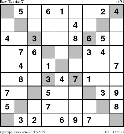 The grouppuzzles.com Easy Sudoku-X puzzle for Wednesday March 12, 2025