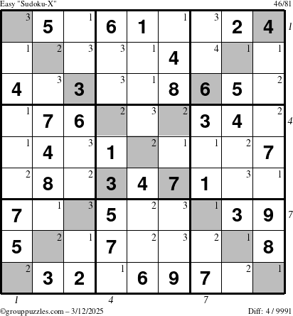 The grouppuzzles.com Easy Sudoku-X puzzle for Wednesday March 12, 2025 with all 4 steps marked