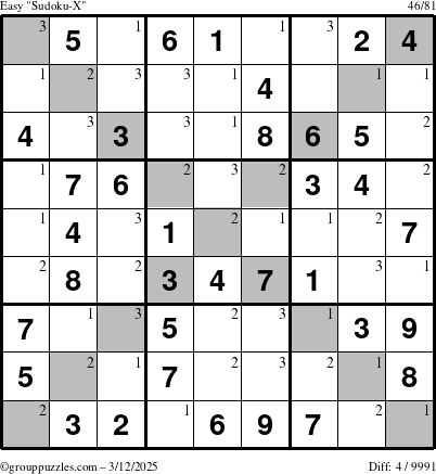 The grouppuzzles.com Easy Sudoku-X puzzle for Wednesday March 12, 2025 with the first 3 steps marked