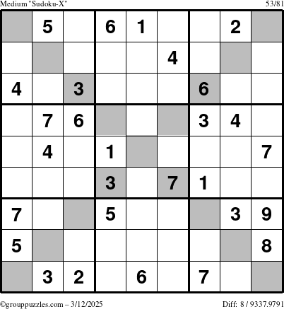 The grouppuzzles.com Medium Sudoku-X puzzle for Wednesday March 12, 2025