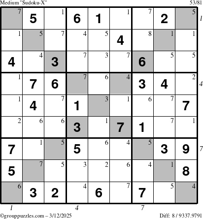 The grouppuzzles.com Medium Sudoku-X puzzle for Wednesday March 12, 2025 with all 8 steps marked