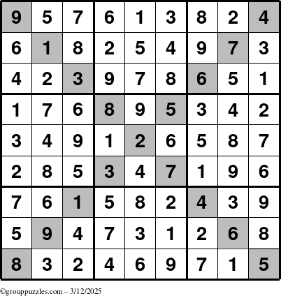 The grouppuzzles.com Answer grid for the Sudoku-X puzzle for Wednesday March 12, 2025