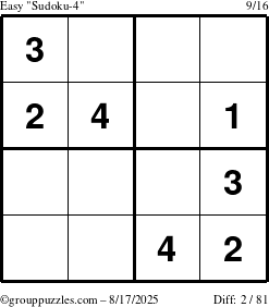 The grouppuzzles.com Easy Sudoku-4 puzzle for Sunday August 17, 2025