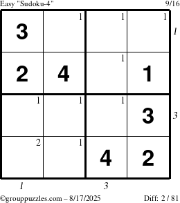 The grouppuzzles.com Easy Sudoku-4 puzzle for Sunday August 17, 2025 with all 2 steps marked