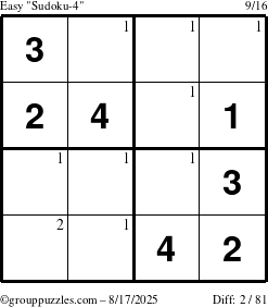 The grouppuzzles.com Easy Sudoku-4 puzzle for Sunday August 17, 2025 with the first 2 steps marked