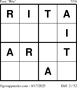 The grouppuzzles.com Easy Rita puzzle for Sunday August 17, 2025