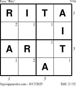 The grouppuzzles.com Easy Rita puzzle for Sunday August 17, 2025 with all 2 steps marked