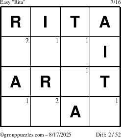 The grouppuzzles.com Easy Rita puzzle for Sunday August 17, 2025 with the first 2 steps marked