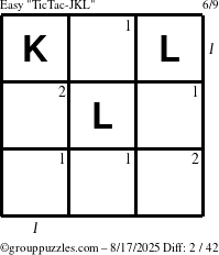 The grouppuzzles.com Easy TicTac-JKL puzzle for Sunday August 17, 2025 with all 2 steps marked