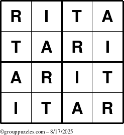 The grouppuzzles.com Answer grid for the Rita puzzle for Sunday August 17, 2025