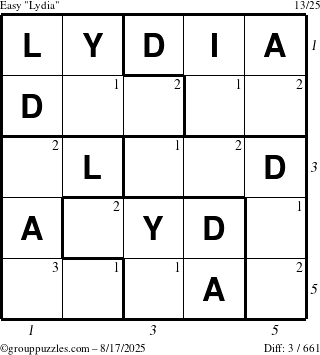 The grouppuzzles.com Easy Lydia puzzle for Sunday August 17, 2025 with all 3 steps marked