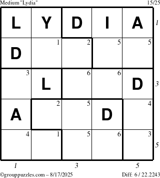 The grouppuzzles.com Medium Lydia puzzle for Sunday August 17, 2025 with all 6 steps marked