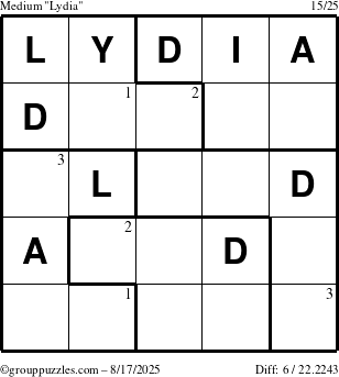 The grouppuzzles.com Medium Lydia puzzle for Sunday August 17, 2025 with the first 3 steps marked