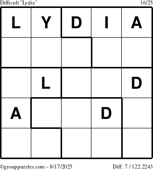 The grouppuzzles.com Difficult Lydia puzzle for Sunday August 17, 2025