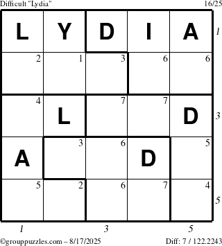 The grouppuzzles.com Difficult Lydia puzzle for Sunday August 17, 2025 with all 7 steps marked