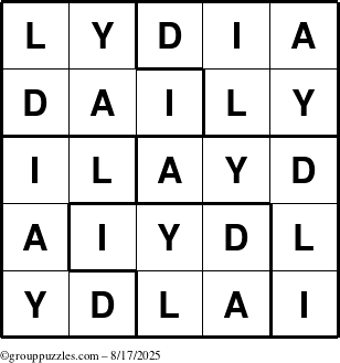 The grouppuzzles.com Answer grid for the Lydia puzzle for Sunday August 17, 2025