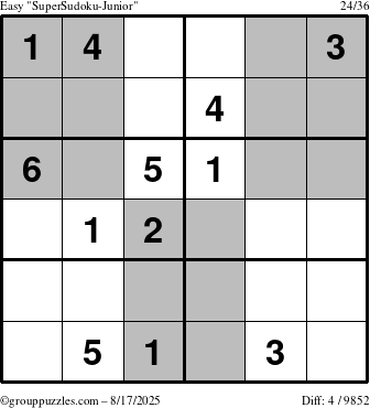 The grouppuzzles.com Easy SuperSudoku-Junior puzzle for Sunday August 17, 2025