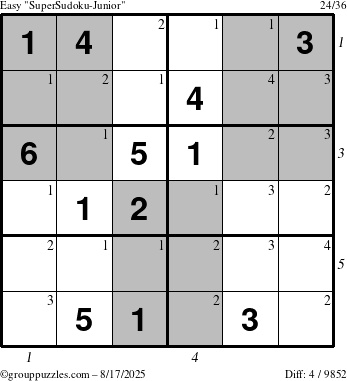 The grouppuzzles.com Easy SuperSudoku-Junior puzzle for Sunday August 17, 2025 with all 4 steps marked