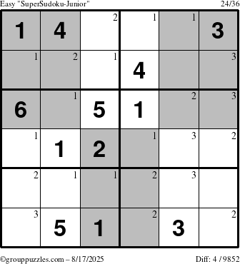 The grouppuzzles.com Easy SuperSudoku-Junior puzzle for Sunday August 17, 2025 with the first 3 steps marked