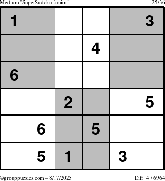 The grouppuzzles.com Medium SuperSudoku-Junior puzzle for Sunday August 17, 2025