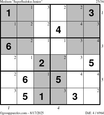 The grouppuzzles.com Medium SuperSudoku-Junior puzzle for Sunday August 17, 2025 with all 4 steps marked
